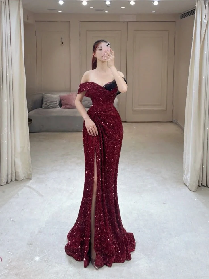 Glamorous Mermaid Off The Shoulder Sequin Burgundy Long Evening Party Gowns Evening Special Formal Dresses Prom Dress DH190 - Deanwangkt