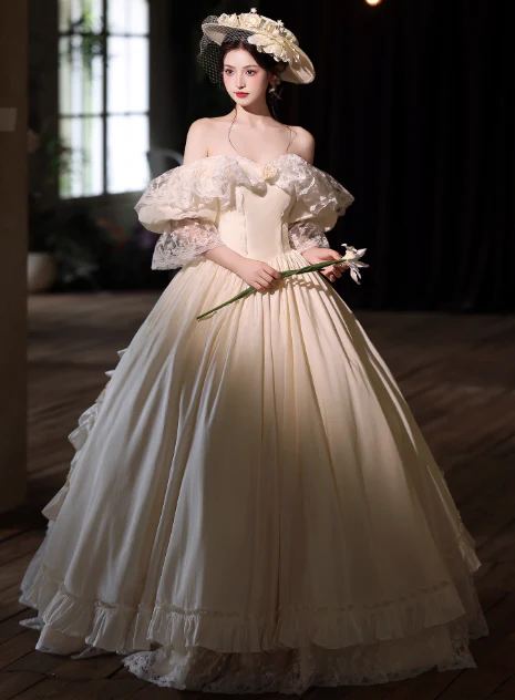 French Off-the-shoulder A-Line Wedding Dresses Lace Champagne Bridal Gowns DP3298 - Deanwangkt