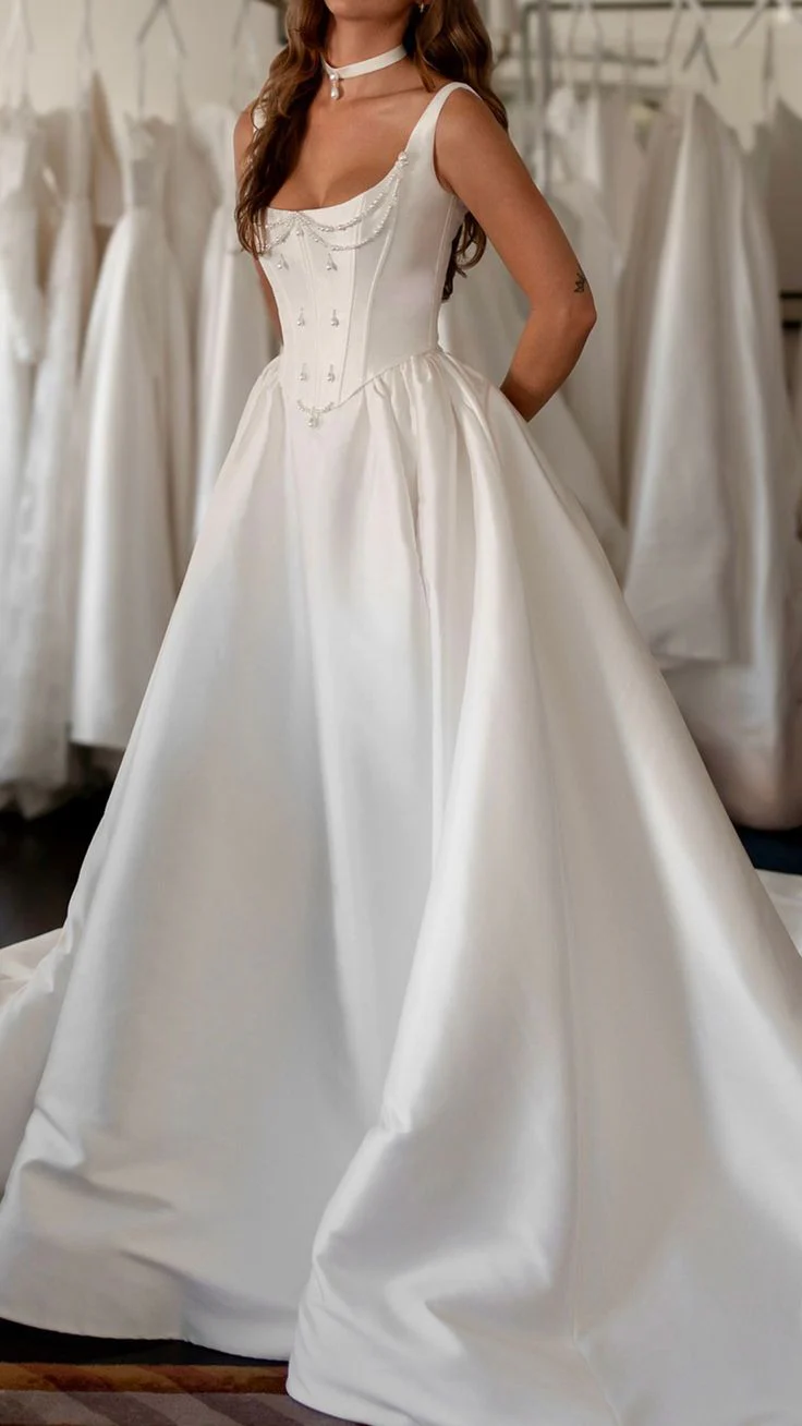 Classy Elegant Ball Gown Square Neck White Satin Wedding Dress With Pearls Wedding Dresses Modest Wedding Gowns Brides Dress DH1419 - Deanwangkt