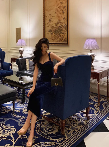 Elegant Glamour Sheath Straps Blue Velvet Prom Gowns Party Dress Classy Gowns Evening Dresses DP1457 - Deanwangkt