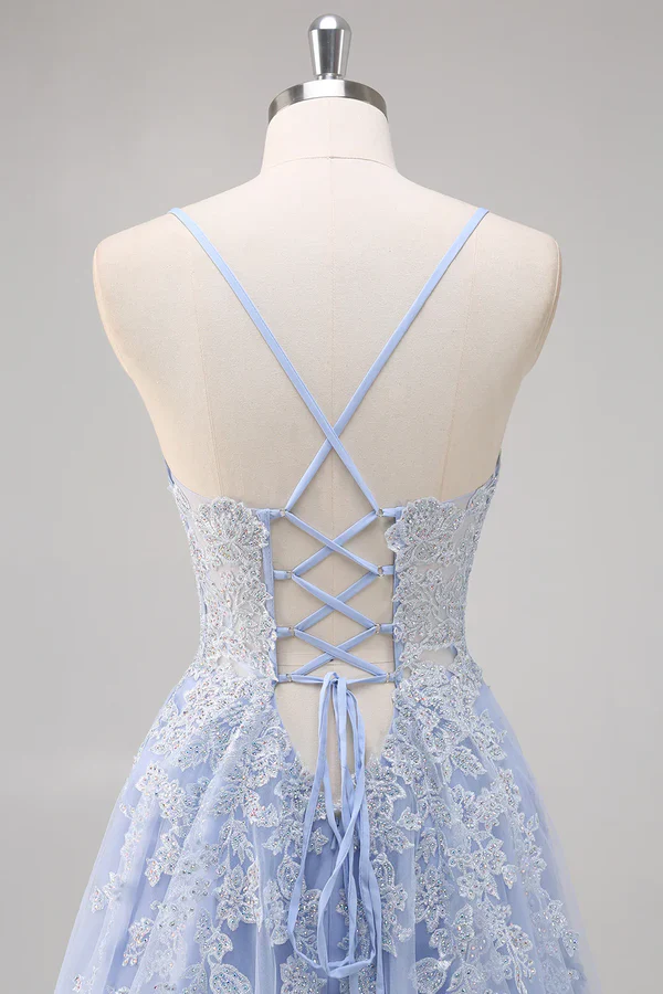 Pretty A Line Spaghetti Straps Tulle Beaded Long Prom Dress with Slit Graduation Dresses DP527 - Deanwangkt