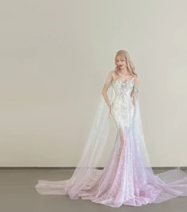 Gorgeous Sweetheart Neck Mermaid Long Prom Dress Sequined Tulle Pink Evening Gown DP3807 - Deanwangkt