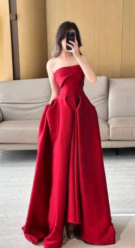 Modest Strapless A-line Satin Long Prom Dresses, Burgundy Formal Evening Dresses DP3061 - Deanwangkt