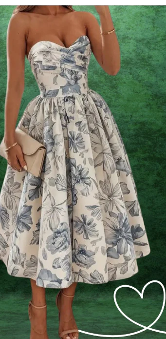 Elegant Wedding Guest Outfit Ball Gown Blue Floral Formal Night Dresses Summer Tea Length Wedding Guest Dresses DP769 - Deanwangkt