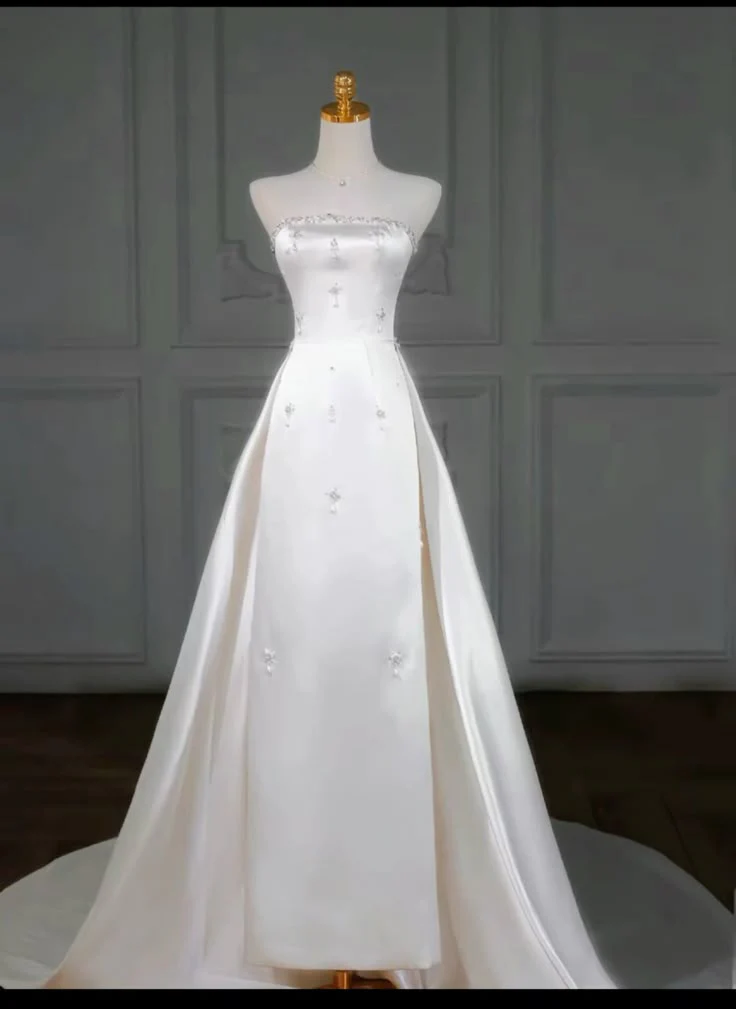 Timeless Bridal Gown Sheath Strapless Satin Sleeveless White Wedding Dresses Elegant Bridal Gowns DH914 - Deanwangkt