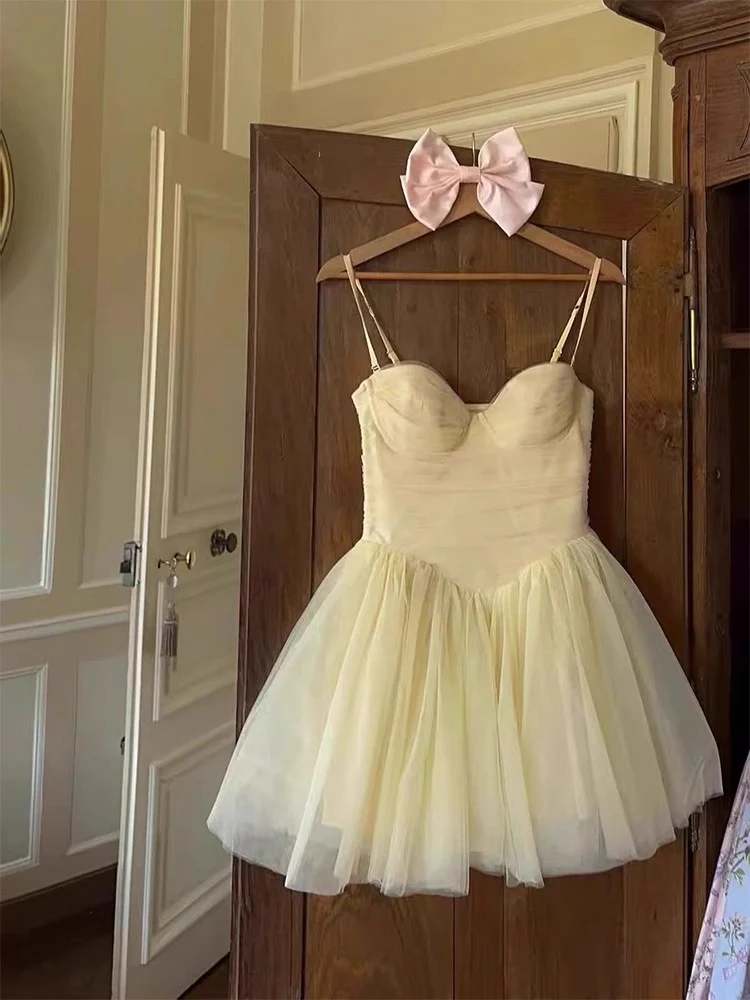 Simple A line Spaghetti Straps Tulle Beige Homecoming Dress Summer Hoco Dresses Cocktail Dress D1769 - Deanwangkt