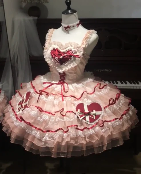 Sweet Spaghetti Strap Ball Gown Lace Tulle Birthday Dresses Red Lolita Dresses DP3057 - Deanwangkt