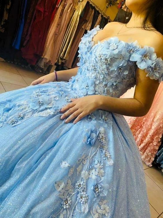 Gorgeous Sky Blue Off-the-shoulder Tulle Long Ball Gown Flower Sweet 16th Birthday Dress Cute Quinceanera Dress DH2735 - Deanwangkt