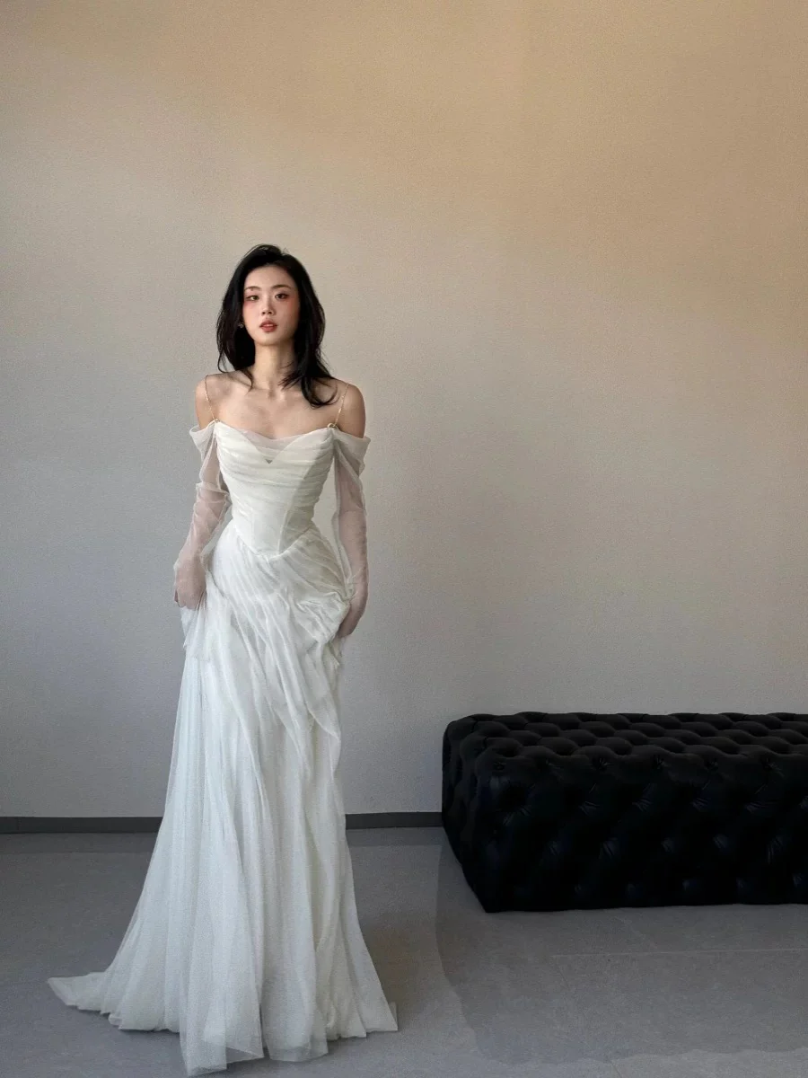 Vintage Wedding Dress Sheath Tulle White Summer Beach Long Sleeves Wedding Dresses Bridal Gowns W0762 - Deanwangkt