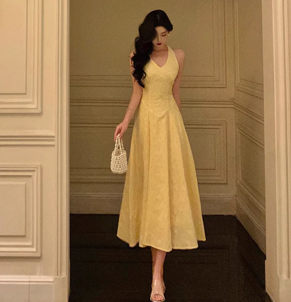 Sexy A line Halter Yellow 18th Birthday Dress Long Party Birthday Outfits For Women DP0184 - Deanwangkt