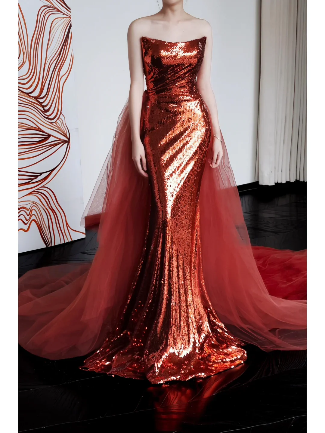 Gorgeous Mermaid Strapless Burgundy Sequin Long Prom Dresses Graduation Dresses DP660 - Deanwangkt