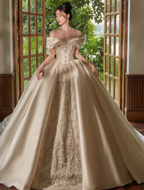 Princess Strapless Ball Gown Satin Long Wedding Dresses Beaded White Bridal Gowns Short Sleeve Bridal Dresses DP3868 - Deanwangkt