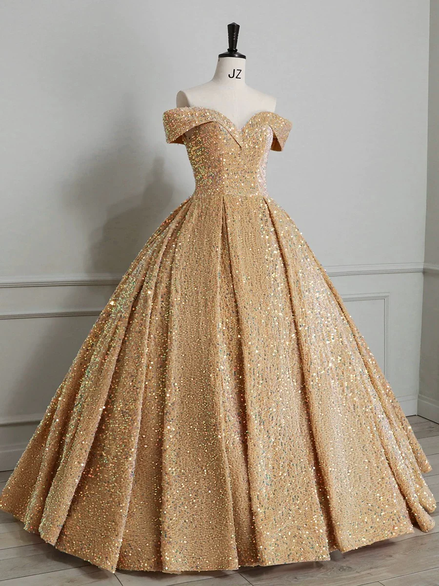 Classy Ball Gown Off The Shoulder Blue Sequin Evening Dress Long Prom Dresses H2889 - Deanwangkt