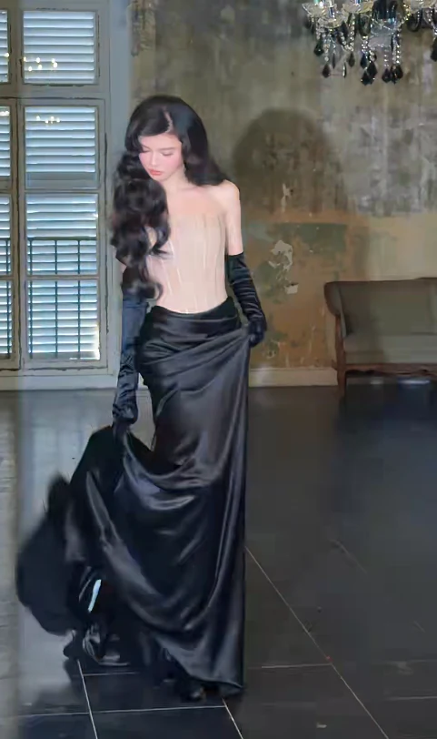 Chic Strapless Sheath Black Long Prom Dresses Sleeveless Champagne Evening Dresses DP3926 - Deanwangkt