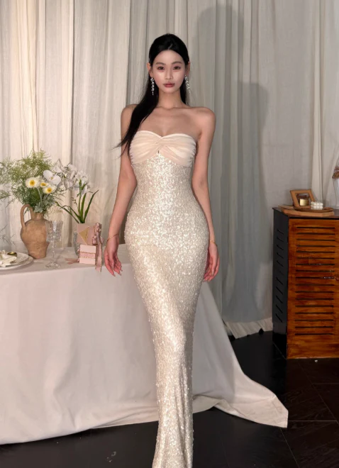 Sexy Strapless Sheath Long Prom Dresses, Light Champagne Formal Evening Dresses DP3131 - Deanwangkt
