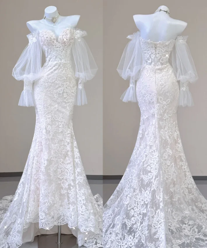 Elegant Mermaid Off The Shoulder Tulle Wedding Dresses Lace Brides Dress P0004 - Deanwangkt