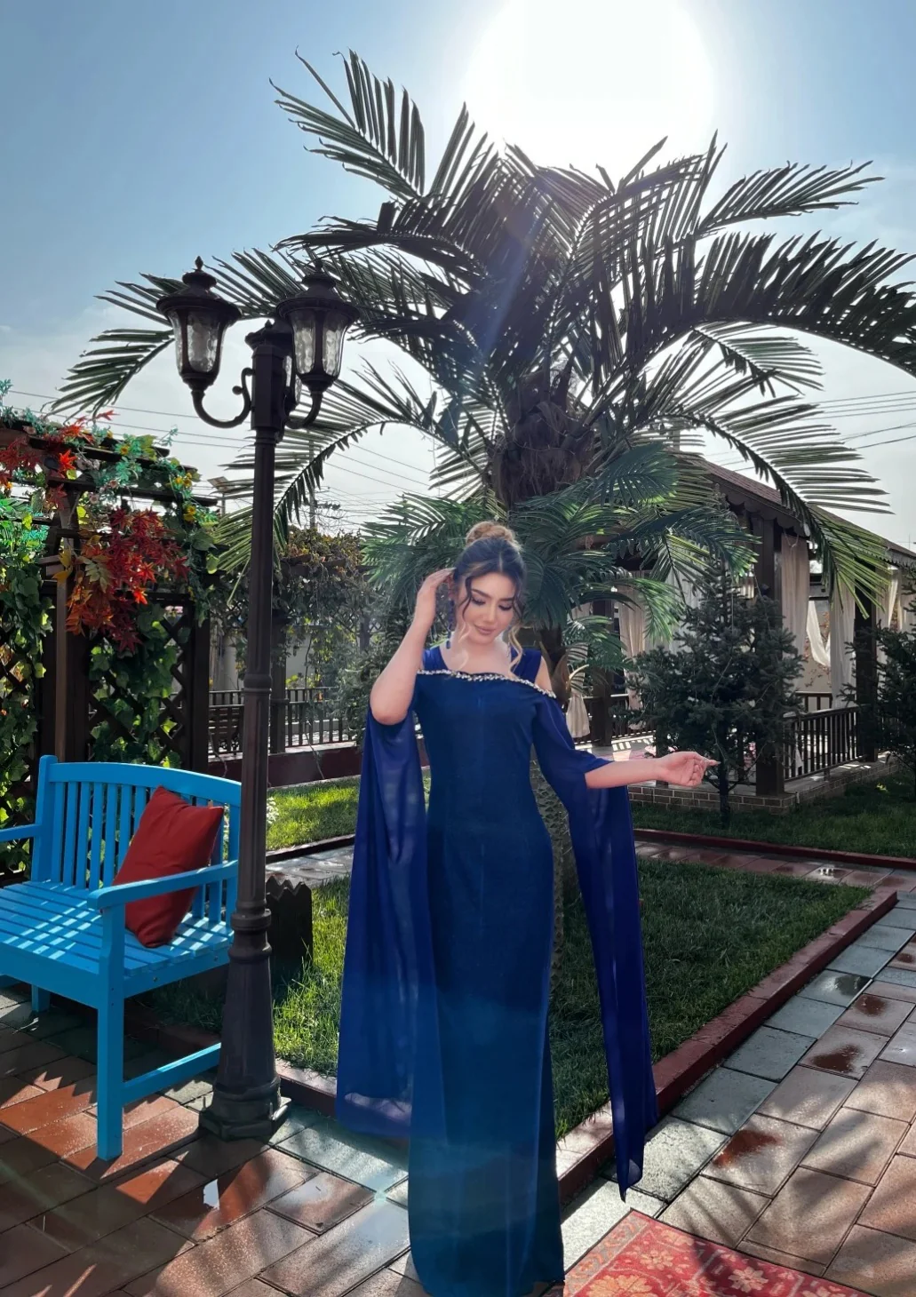 Elegant Sheath Blue Long Prom Dresses Off-the-shoulder Long-sleeved Blue Evening Dresses DP3908 - Deanwangkt