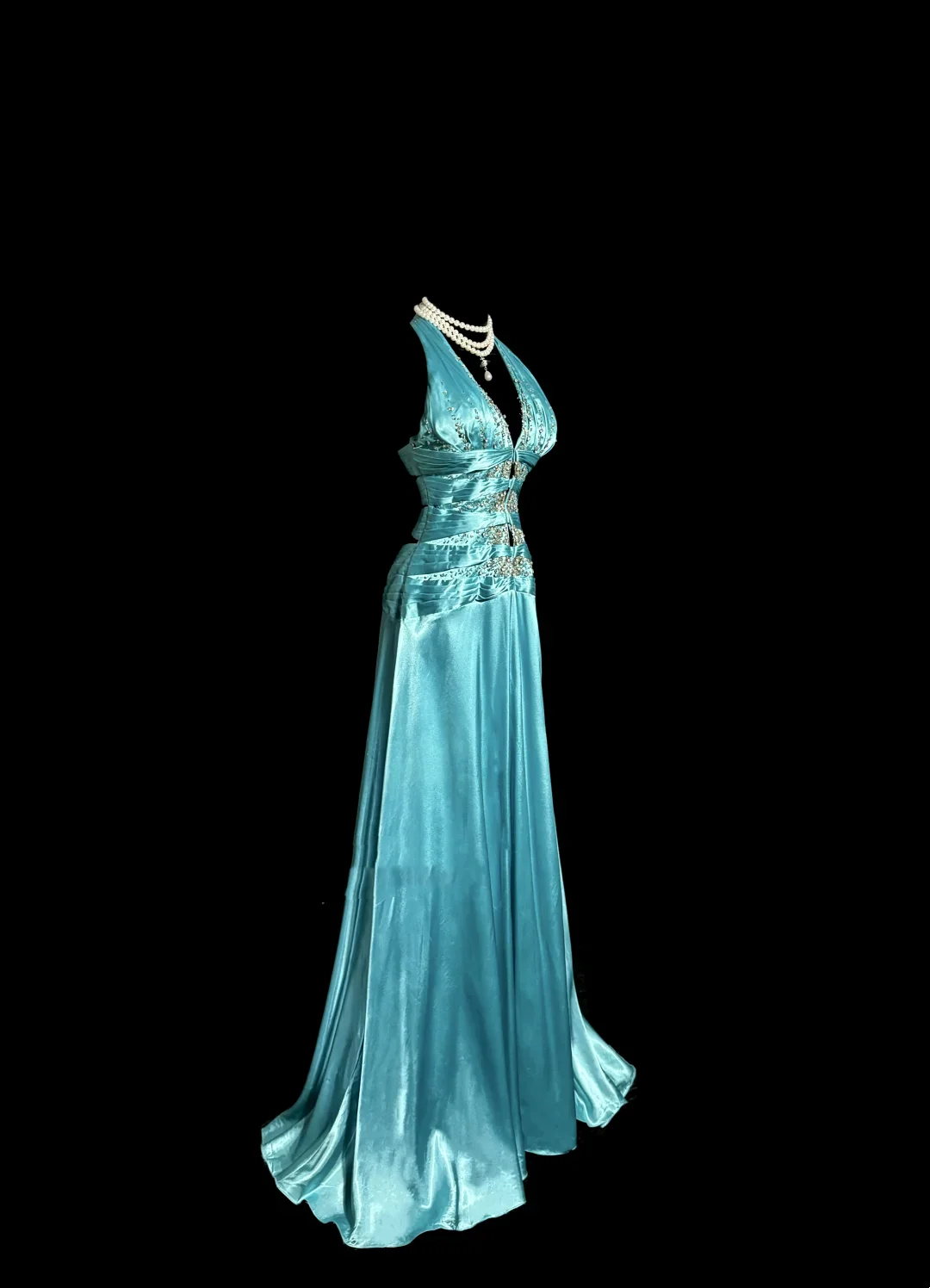 Vintage A line Halter Blue 1950s Retro Classy Satin Long Prom Dresses Party Dress 21st Birthday Outfits Graduation Dresses W870 - Deanwangkt