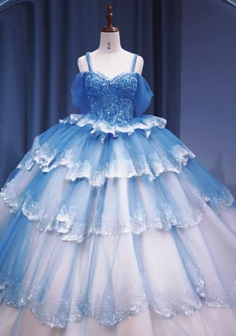 Gorgeous Off-the-Shoulder Ball Gown Tulle Long Prom Dresses Blue Quinceanera Dresses Sweet 16 Dresses DP3361 - Deanwangkt