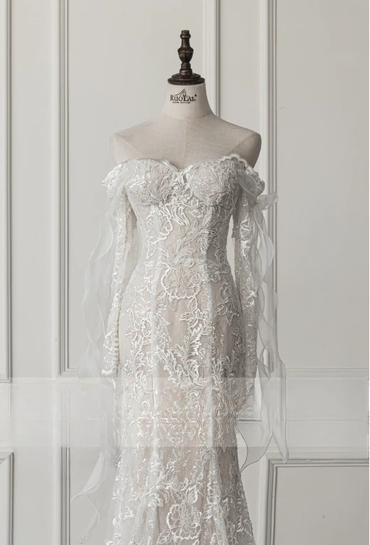 Simple Bridal Gown Mermaid Off The Shoulder White Long Sleeves Lace Wedding Dresses Elegant Bridal Gowns DH929 - Deanwangkt