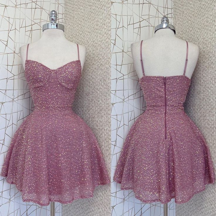 Vintage A line Spaghetti Straps Pink Sequin Formal 8th Grade Homecoming Dress Summer Middle School Hoco Dresses Birthday Outfits W1156 - Deanwangkt