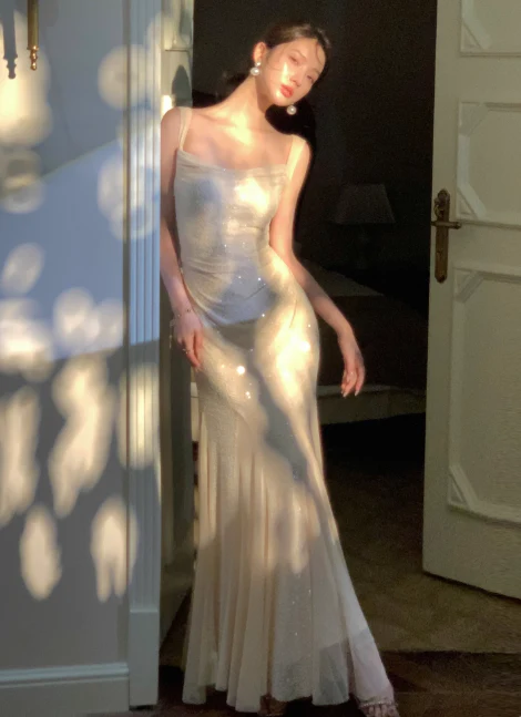 Sparkly Mermaid Evening Dresses, Chiffon Sleeveless Formal Dresses Wedding Guest Dresses DP2992 - Deanwangkt