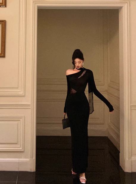 Classy Mermaid One Shoulder Black Long Sleeves 18th Birthday Dress Party Gown 21st Birthday Outfits Birthday Dress Ideas For Women DP571 - Deanwangkt