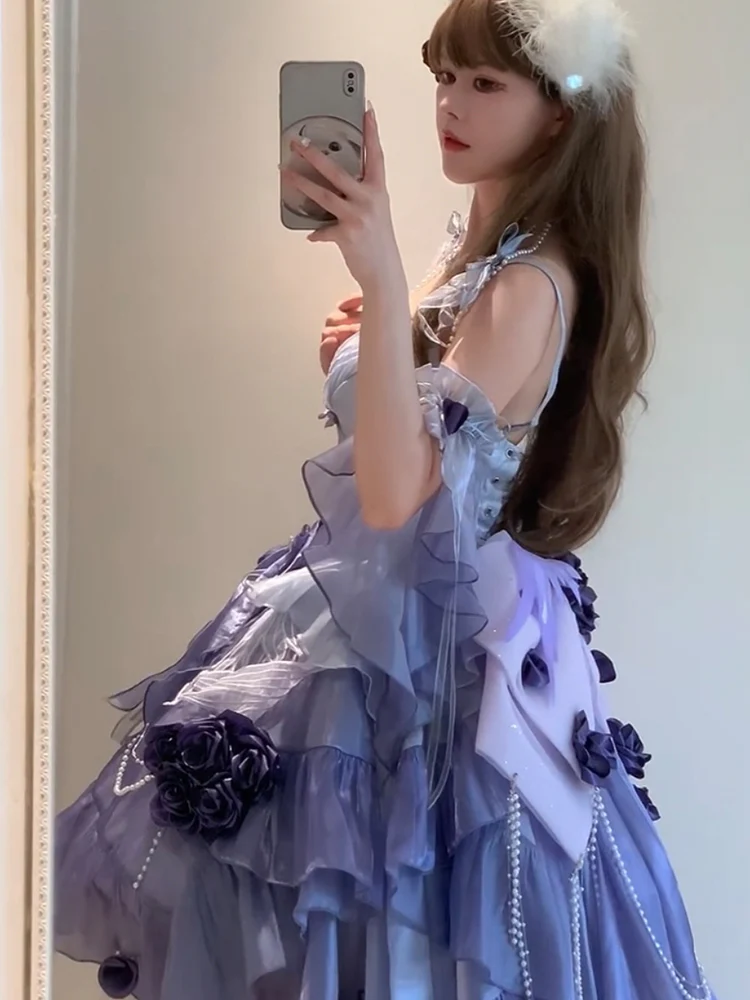 Vintage Ball Gown Spaghetti Straps Grape Chiffon Summer 18th Birthday Dress High Low Ombre Blue Pearls Lolita Dress Birthday Outfits W1246 - Deanwangkt