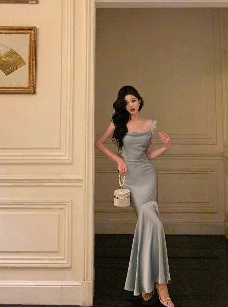 Vintage Mermaid Square Neckline Light Blue Satin Sleeveless 18th Birthday Dress Party Gown Birthday Outfits For Women DP0205 - Deanwangkt