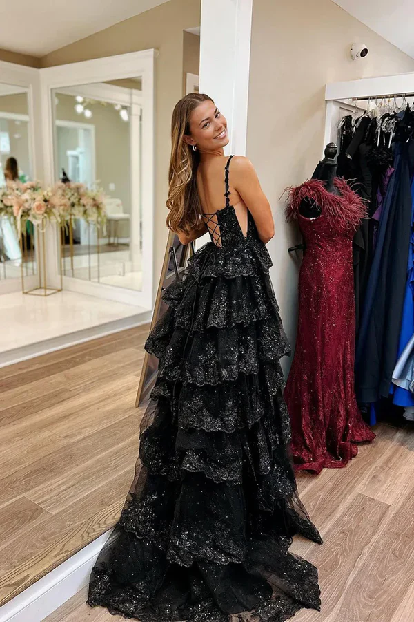 Classy Black Sweetheart Tiered Sequin Lace Long Prom Dresses Graduation Dresses DP519 - Deanwangkt