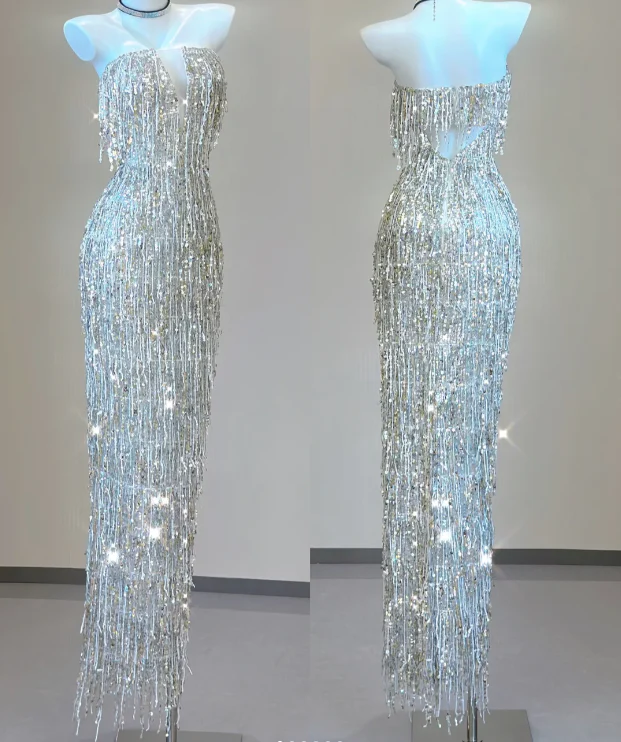 Classy Sheath Strapless Silver Sequin Evening Dress Long Prom Dresses P0011 - Deanwangkt