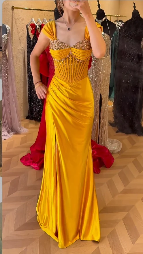 Chic Sheath Yellow Long Prom Dresses Satin Beading Yellow Wedding Guest Dresses DP3772 - Deanwangkt
