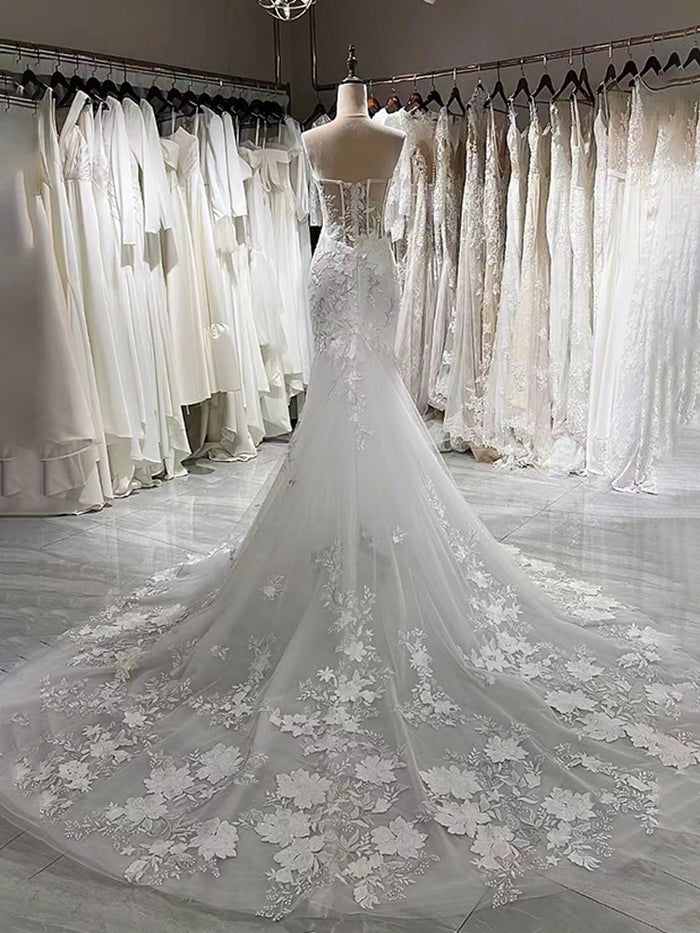 Stunning Mermaid Sweetheart Lace Appliques Wedding Dress With Train DP607 - Deanwangkt