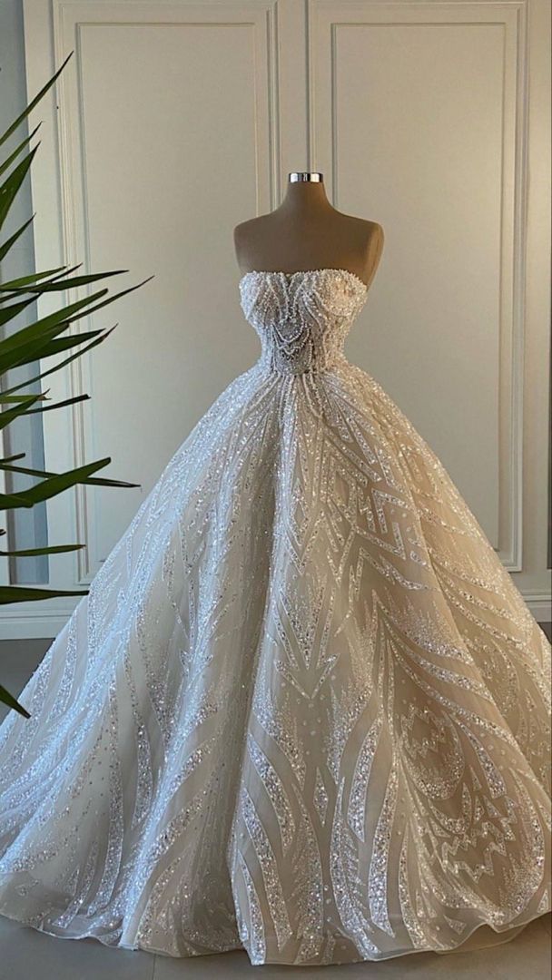 Unique Bridal Dress Ball Gown Strapless White Sequin Long Wedding Dresses Pretty Bridal Gowns DH1235 - Deanwangkt