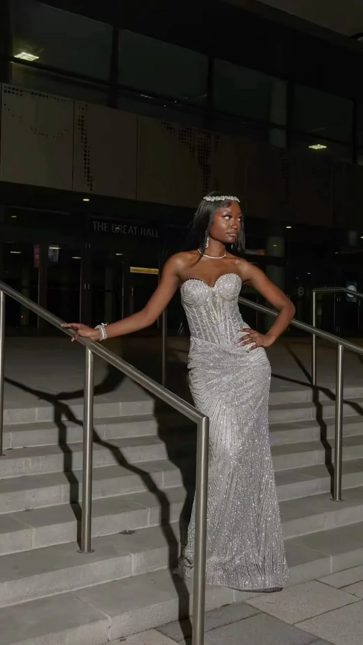 Vintage Mermaid Sweetheart Silver Sequin Sleeveless Long Prom Dresses Party Dress Black Girl Birthday Outfits Graduation Dresses W0434 - Deanwangkt