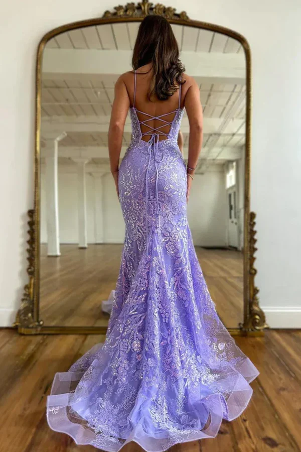 Classy Mermaid Lilac Sequin Lace Long Prom Dresses Graduation Dresses DP515 - Deanwangkt