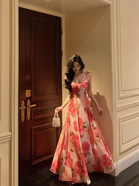 Classy A line Spaghetti Straps Pink Floral Sleeveless 18th Birthday Dress Party Gown Birthday Outfits Birthday Dress Ideas For Women DP554 - Deanwangkt