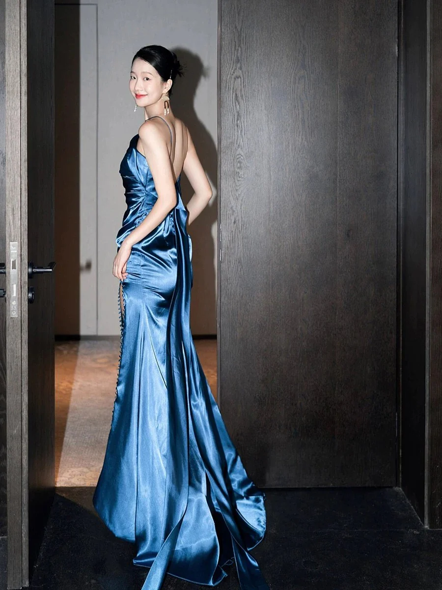 Classy Mermaid One Shoulder Blue Satin Evening Dress Long Prom Dresses H2869 - Deanwangkt