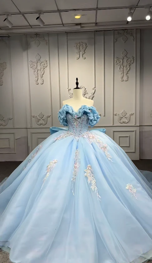 Gorgeous Off-the-shoulder Ball Gown Tulle Long Prom Dresses Applique Blue Quinceanera Dresses Sweet 16 Dress DP3293 - Deanwangkt