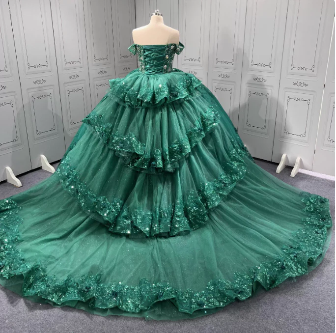 Gorgeous Dark Green Off-the-Shoulder Tulle Long Ball Gown Appliques Sweet 16th Birthday Dress Cute Beaded Sequin Quinceanera Dress DH2733 - Deanwangkt