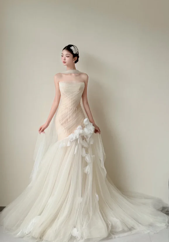 Modest Mermaid Tulle Wedding Dress, Spaghetti Straps Bridal Gowns DP3114 - Deanwangkt