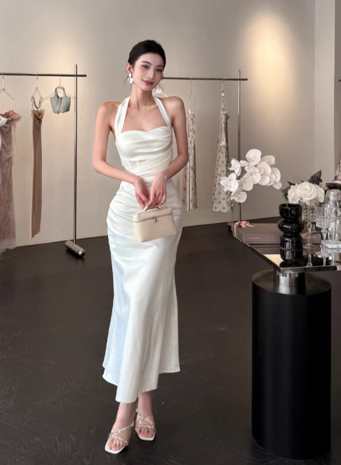 Chic Halter Sheath Satin Evening Dresses,White Formal Dresses DP3151 - Deanwangkt