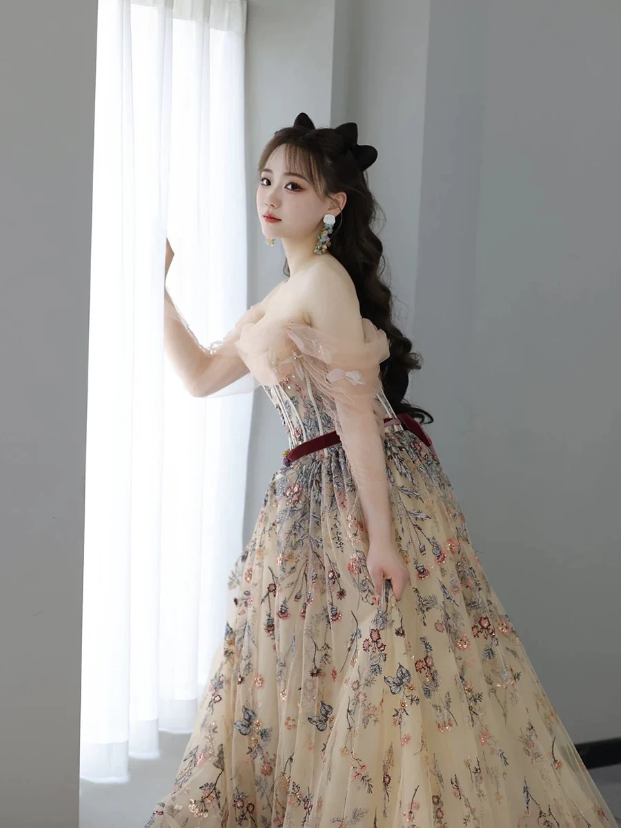 Sexy Ball Gown Off The Shoulder Long Sleeves Champagne Elegant Tulle Long Prom Dresses H2881 - Deanwangkt