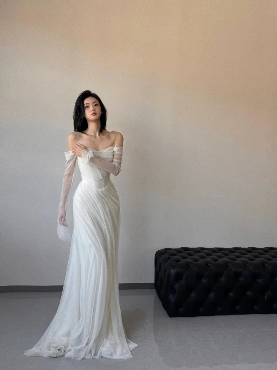 Vintage Wedding Dress Sheath Tulle White Summer Beach Long Sleeves Wedding Dresses Bridal Gowns W0762 - Deanwangkt