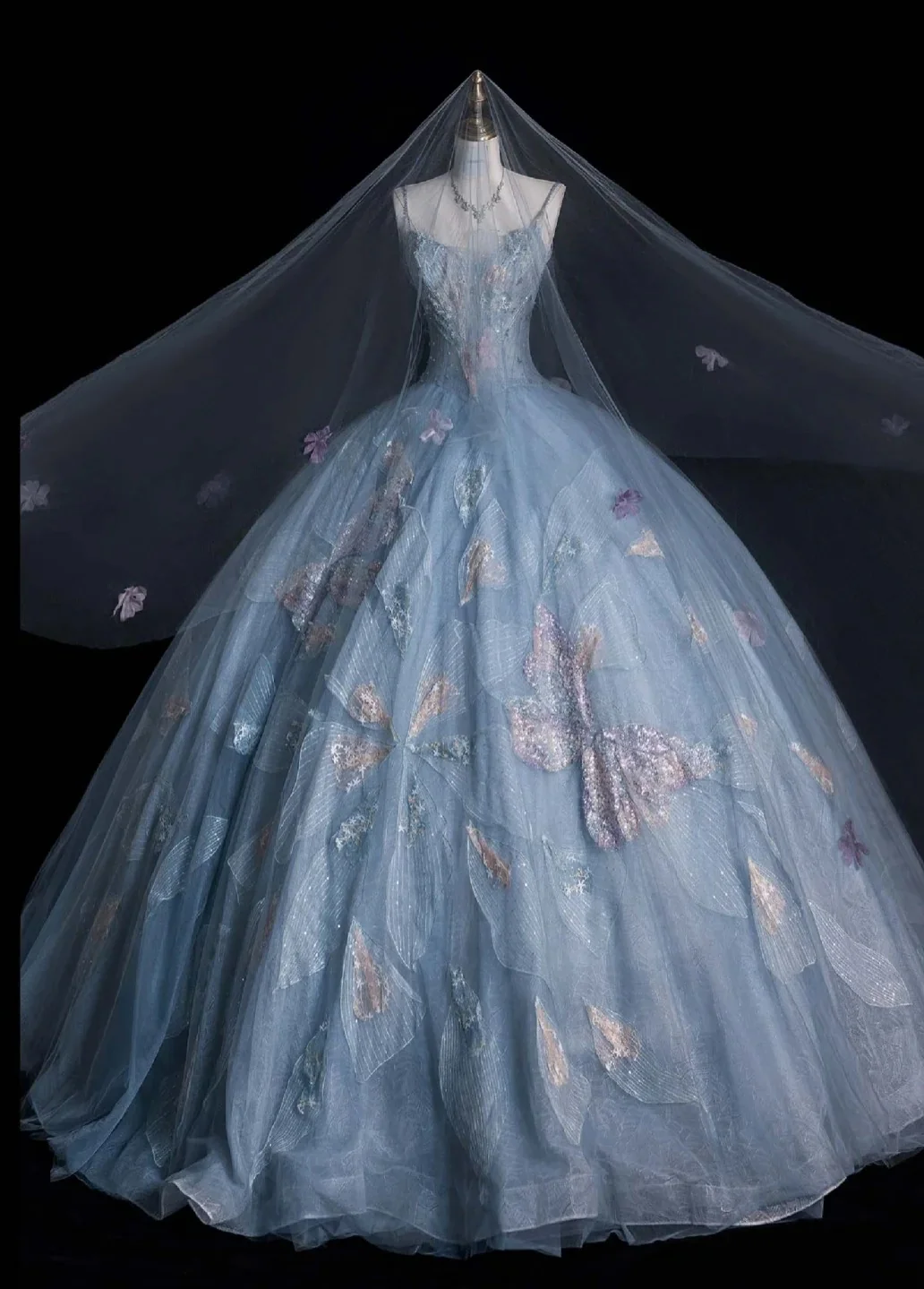 Gorgeous Spaghetti Strap A-Line Long Prom Dresses Tulle Sequined Gray Blue Evening Dresses DP3343 - Deanwangkt