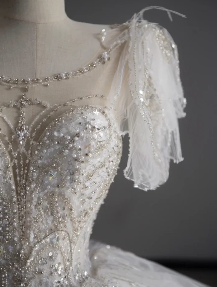 Timeless Ball Gown Scoop Short Sleeves Long Satin White Sweep Train Wedding Dresses Brides Dress DP507 - Deanwangkt