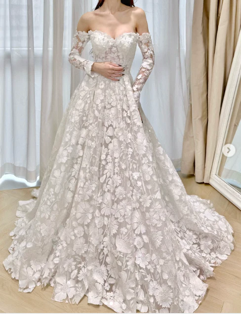 Fairy Off-the-shoulder A-Line Long Wedding Dresses Tulle Applique White Bridal Gowns Long Sleeve Bridal Dresses DP3735 - Deanwangkt