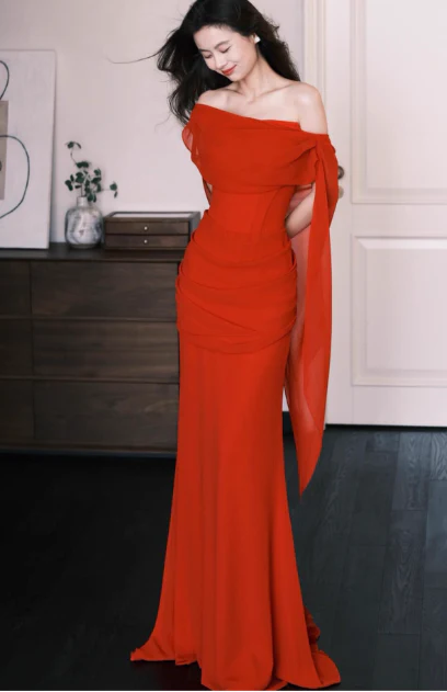 Elegant Off-shoulder Mermaid Chiffon Long Prom Dresses，Red  Formal Evening Gowns DP3069 - Deanwangkt