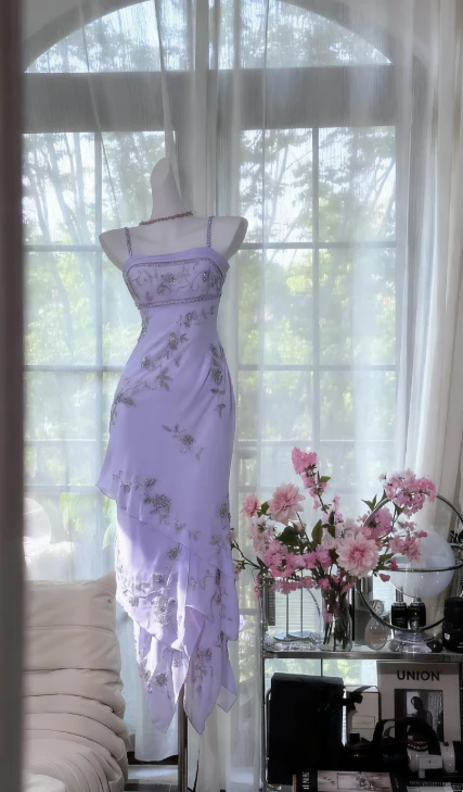 Retro Sheath Lilac Prom Dresses, Sleeveless Chiffon Beaded Lilac Formal Dresses DP04001 - Deanwangkt