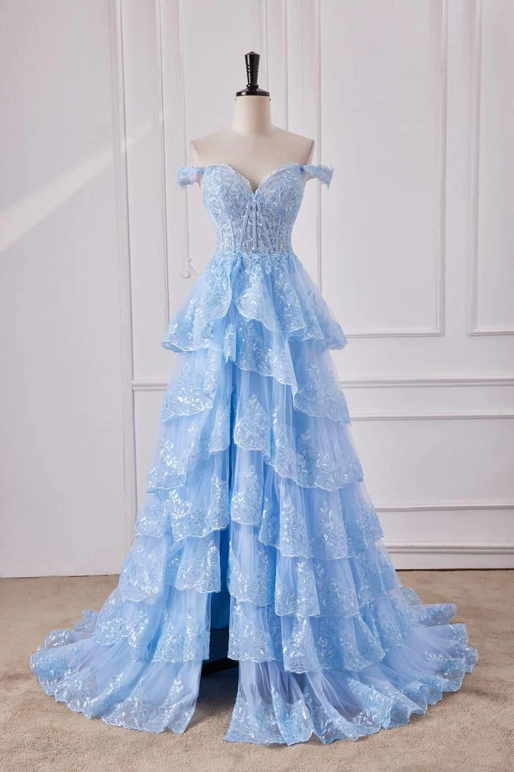 Fairy Off the Shoulder Light Blue Ruffles Prom Dress Party Gown Evening Dresses DP299 - Deanwangkt